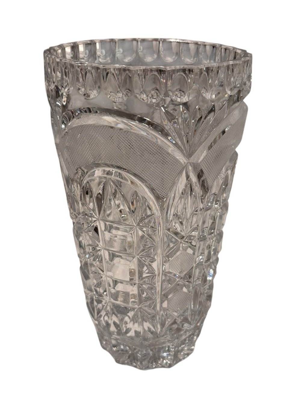 Vintage Bohemian Hand Cut Lead Crystal Vase Crimped Rim  8.5” x 4.5”